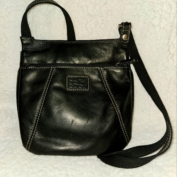 Fossil Black Leather Crossbody Shoulder Handbag Purse Adj. Strap Lots of Pockets - Picture 1 of 2